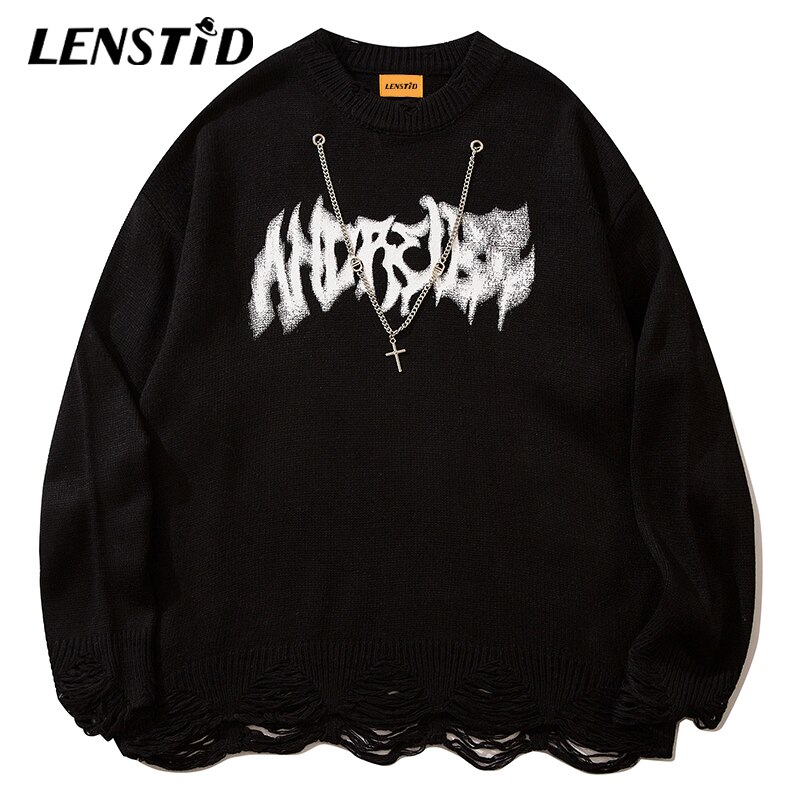 LENSTID Autumn Men American Style Knitted Jumper Sweaters Hip Hop Chain Streetwear Harajuku Loose Fashion Casual Male Pullovers